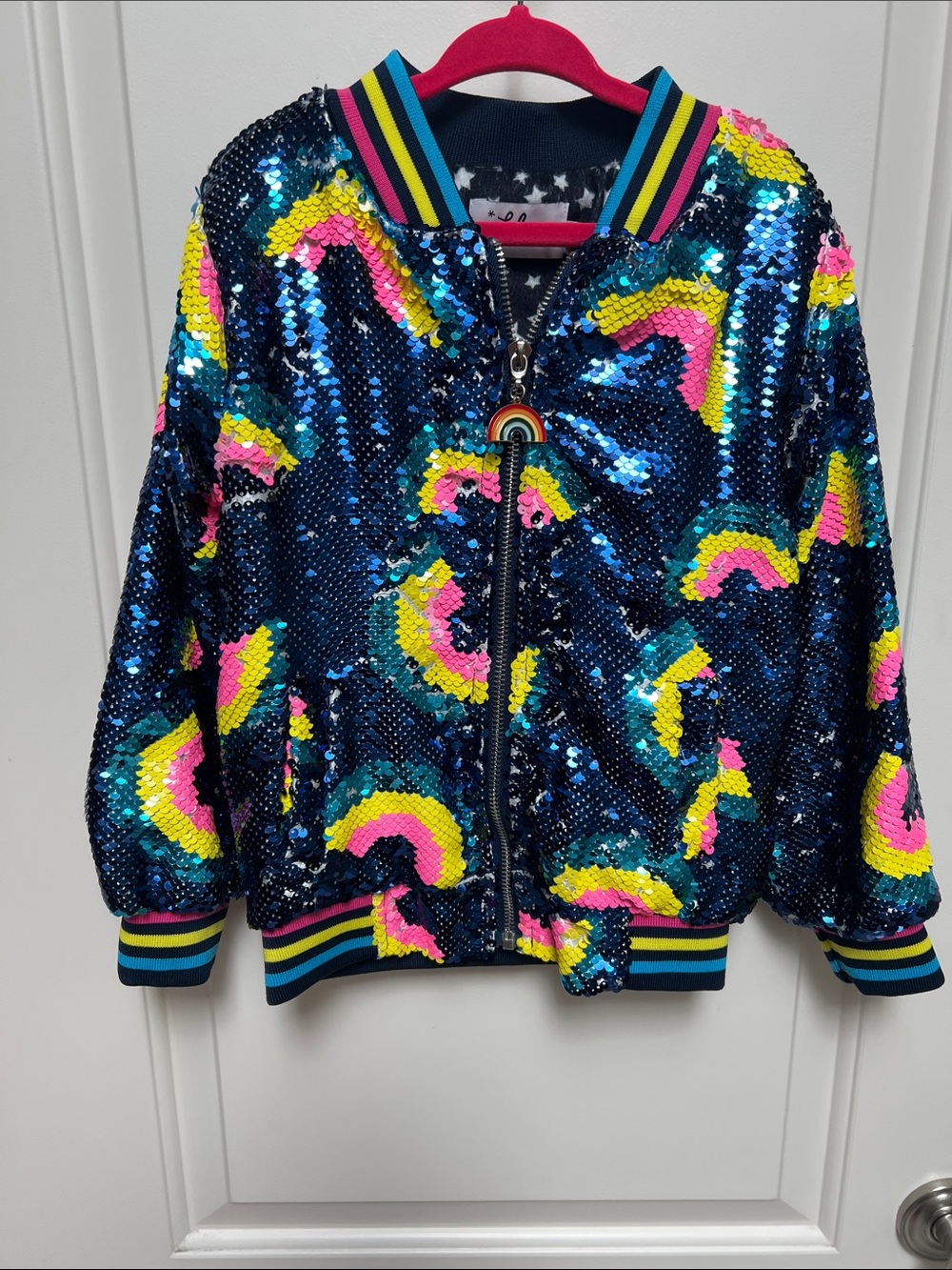 Lola + The Boys Navy Sequin Bomber Jacket with Pink and Yellow Rainbows